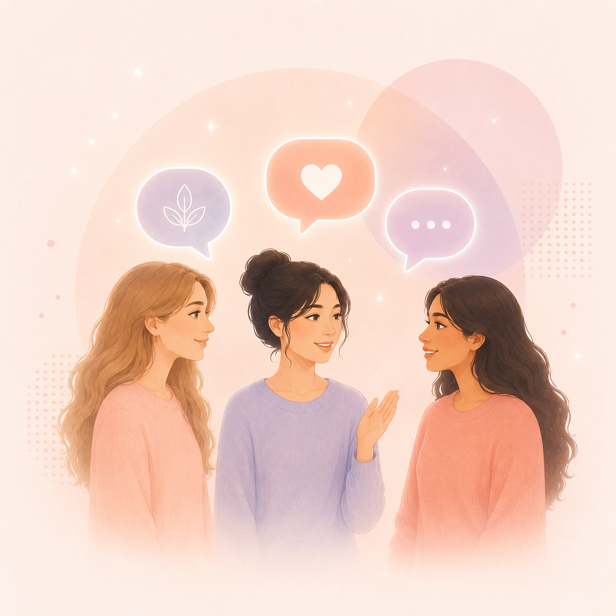Tre donne chiacchierano con calore accompagnate da fumetti di sostegno