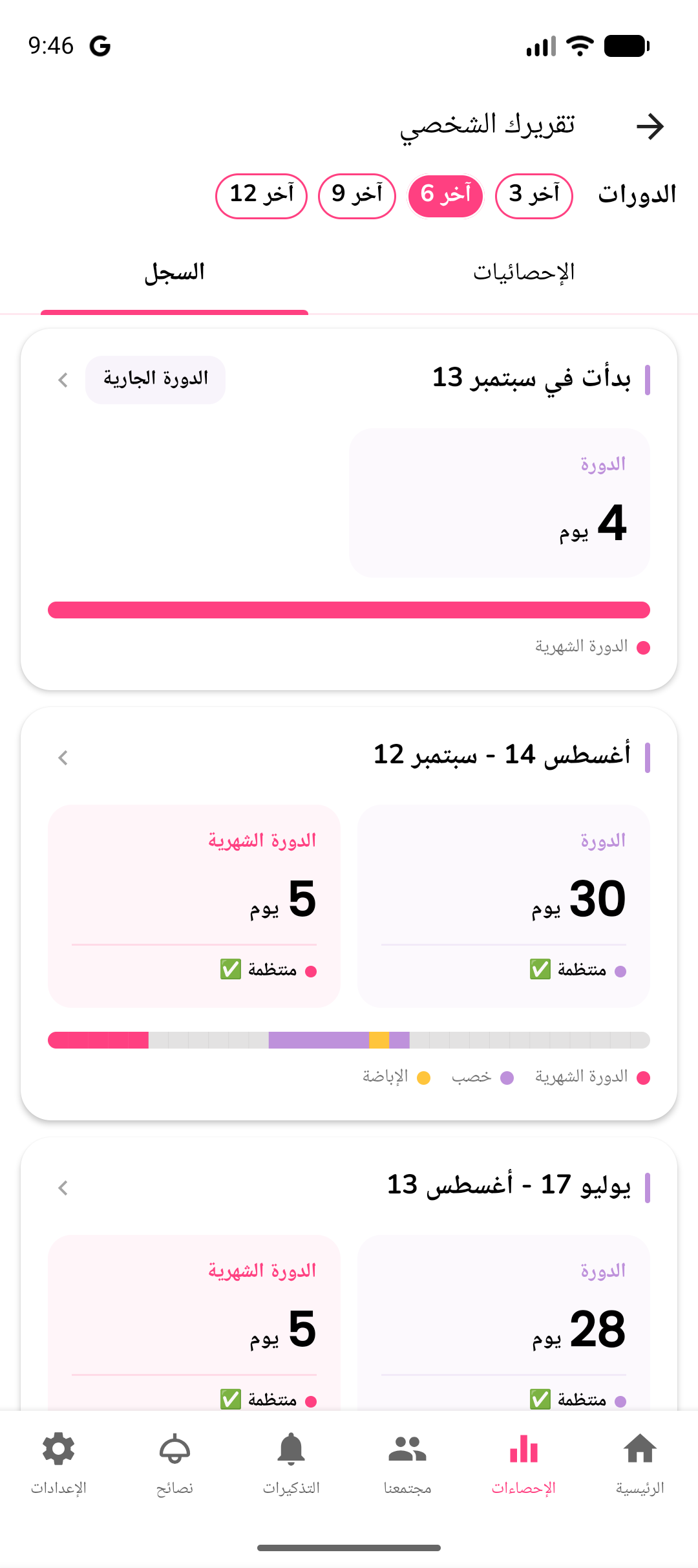 تقرير شخصي يُظهر سجلّ الدورات مع طولها وانتظامها