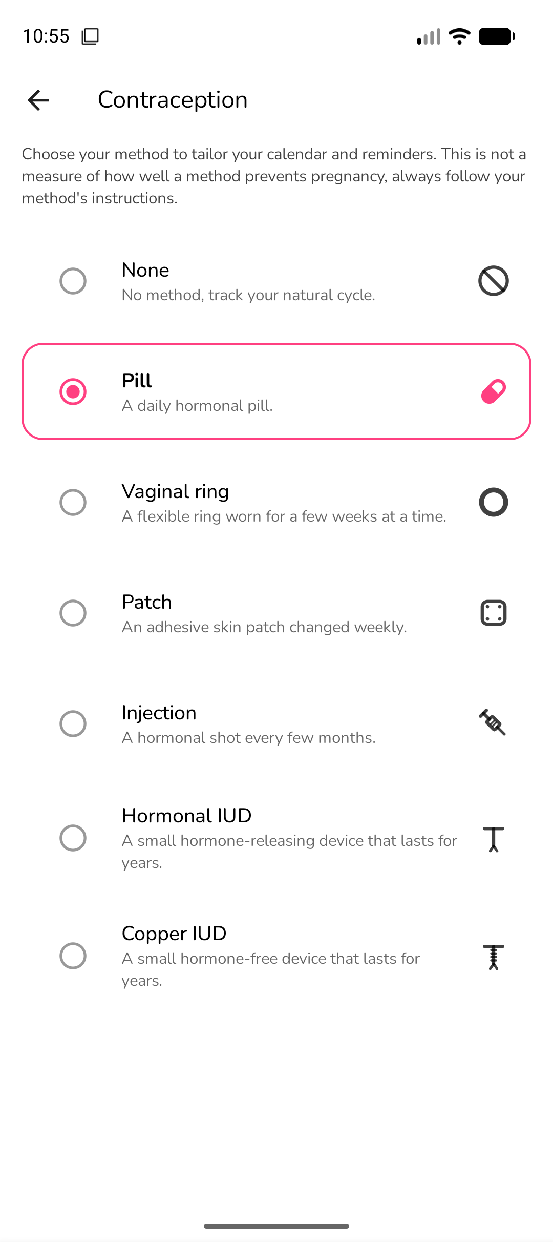 Contraception tracker showing pill schedule and reminders