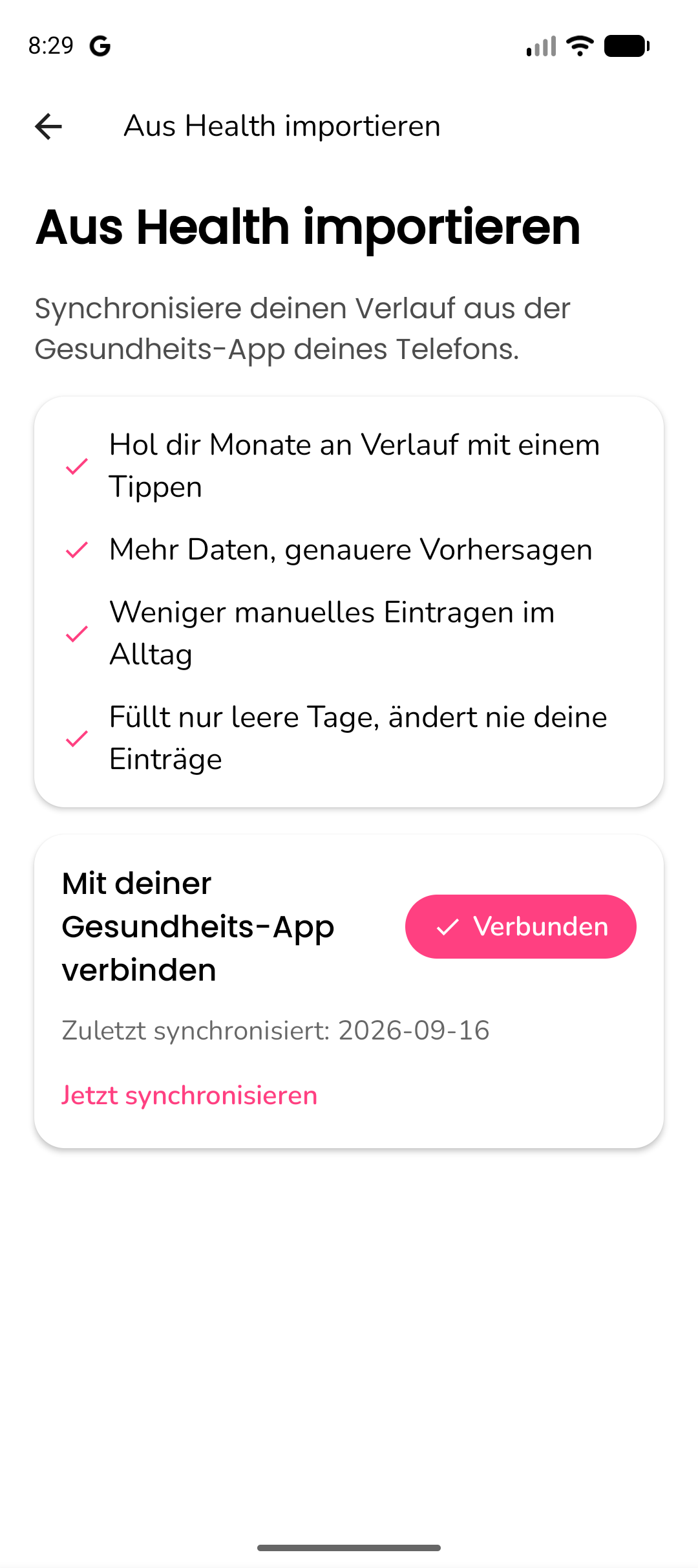 Gesundheitsdaten-Import-Bildschirm zeigt Quellenauswahl und Datenzusammenfassung