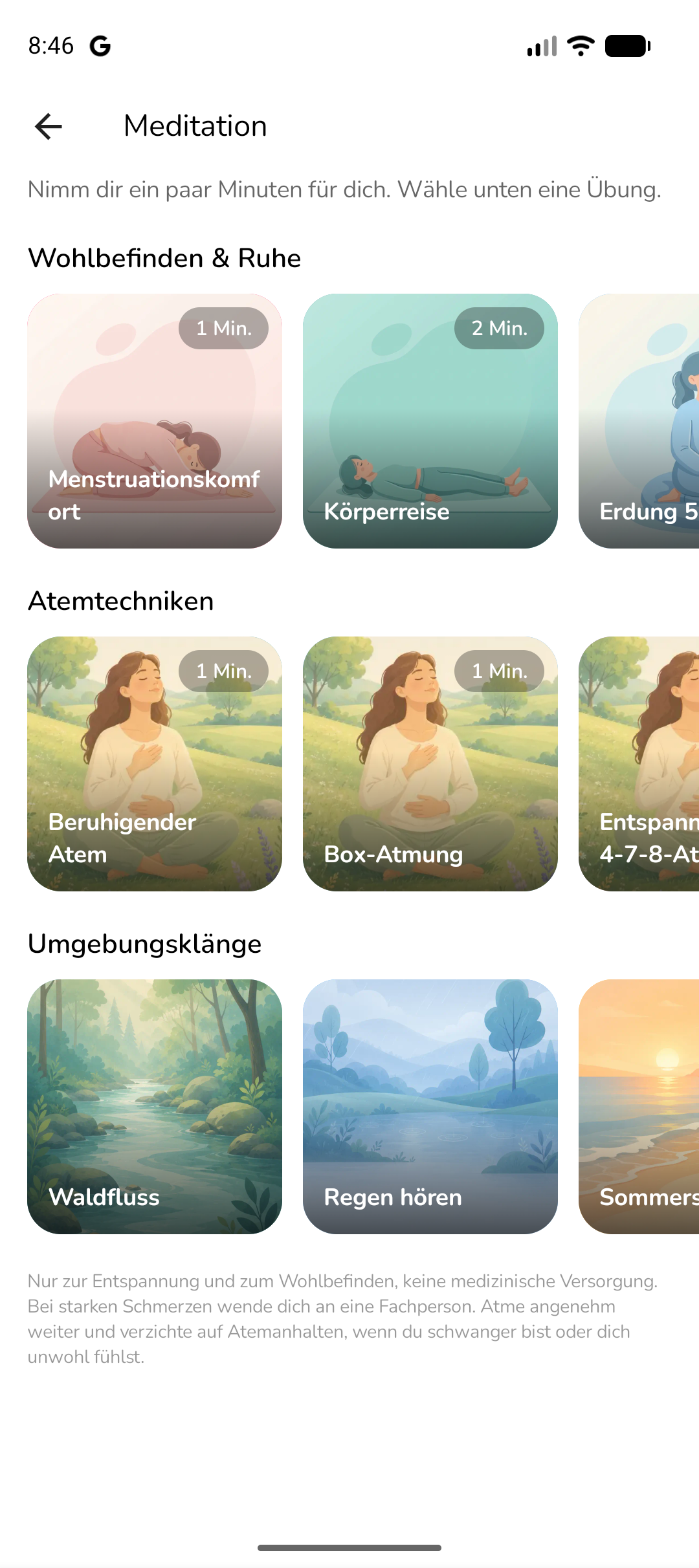 Meditationsbibliothek zeigt Komfort-, Atem- und Hintergrundklang-Kategorien