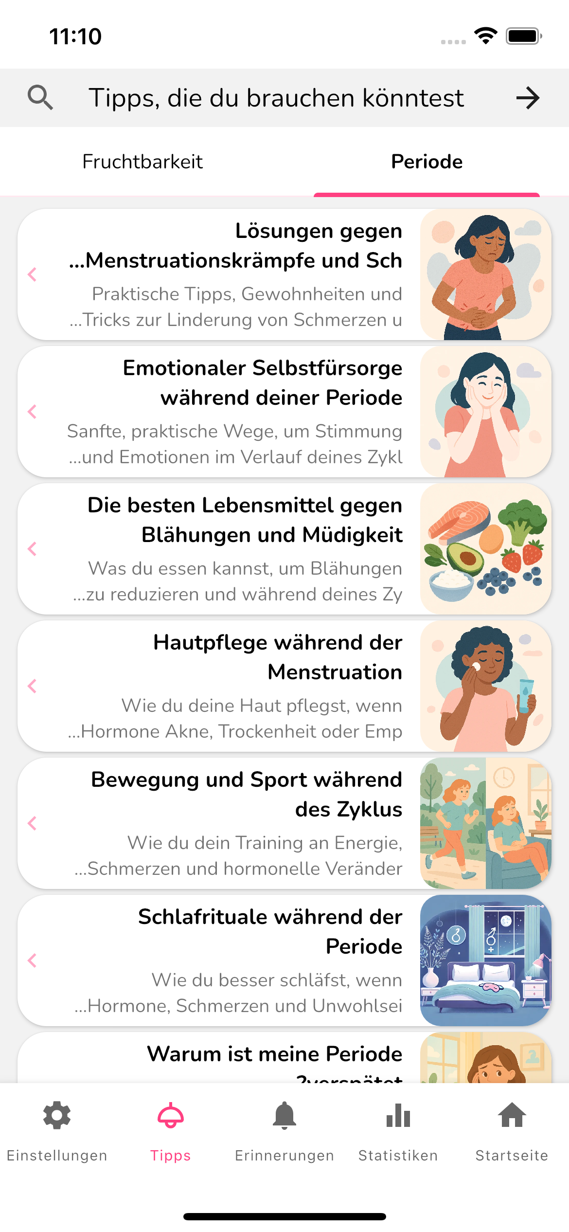 Tipps-Bildschirm mit Artikeln zu Periode und Fruchtbarkeit