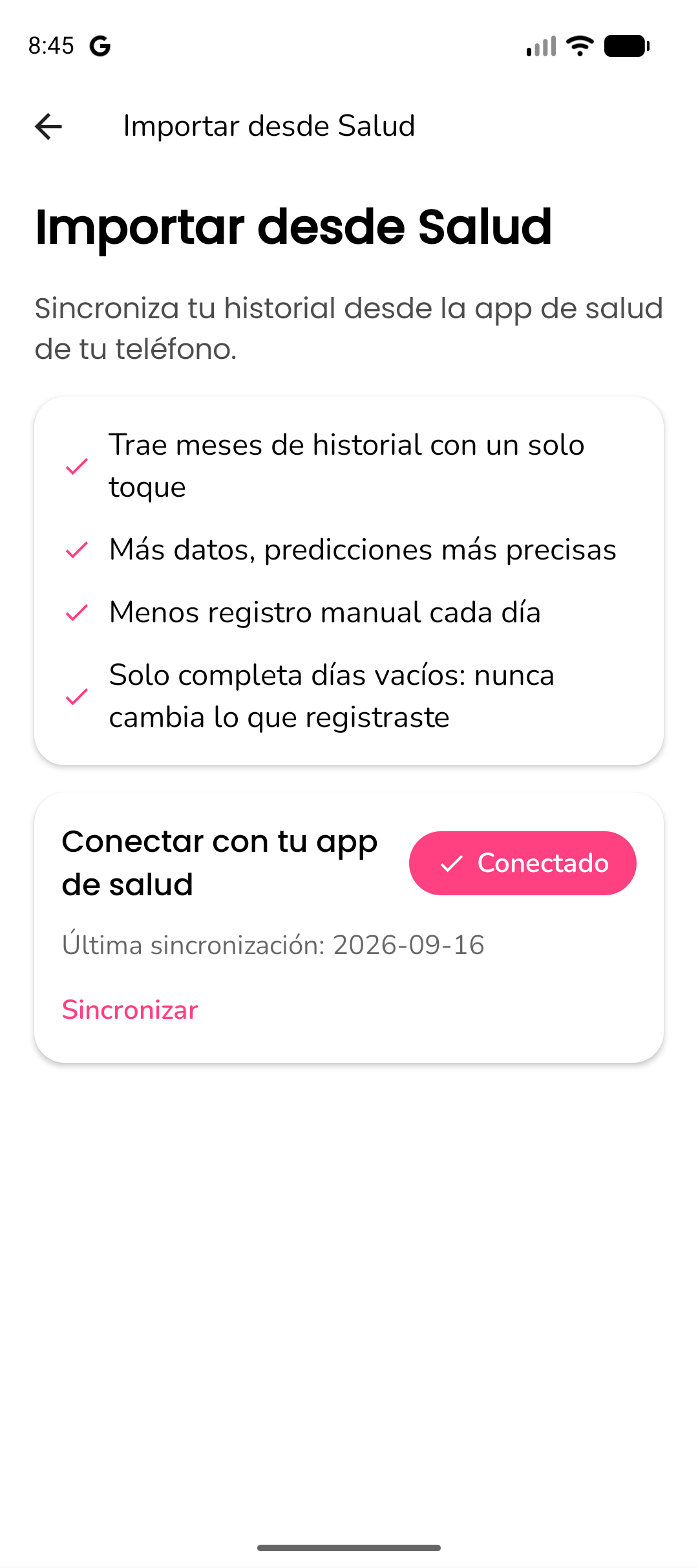 Pantalla de importación de datos de salud mostrando la selección de fuente y el resumen de datos