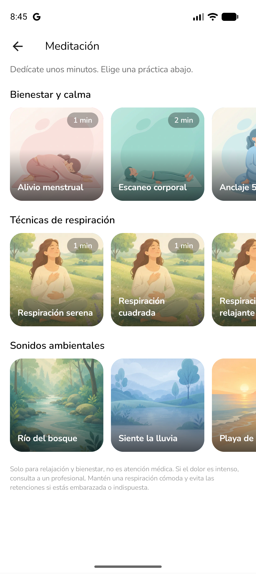 Biblioteca de meditación mostrando las categorías de confort, respiración y sonidos ambientales