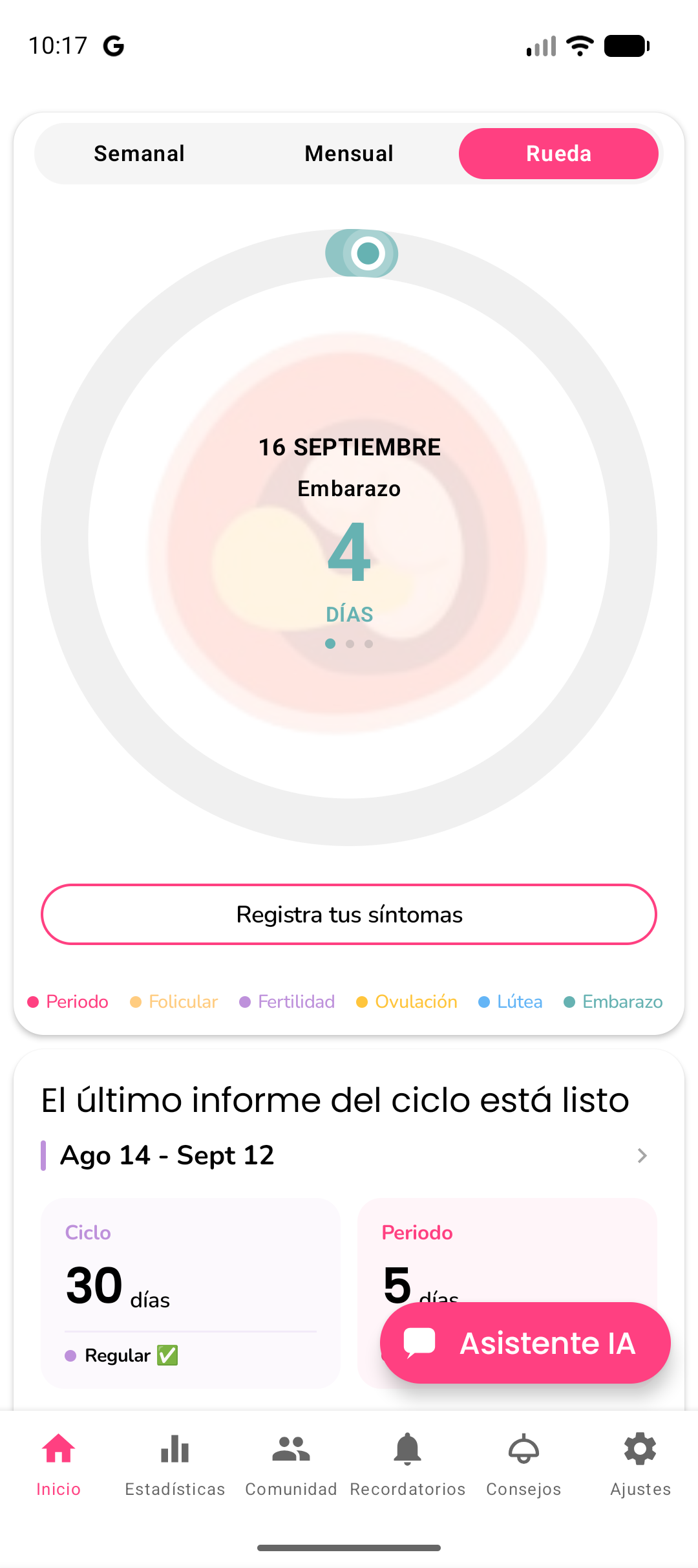 Modo embarazo mostrando el recuento de semanas y el hito de desarrollo