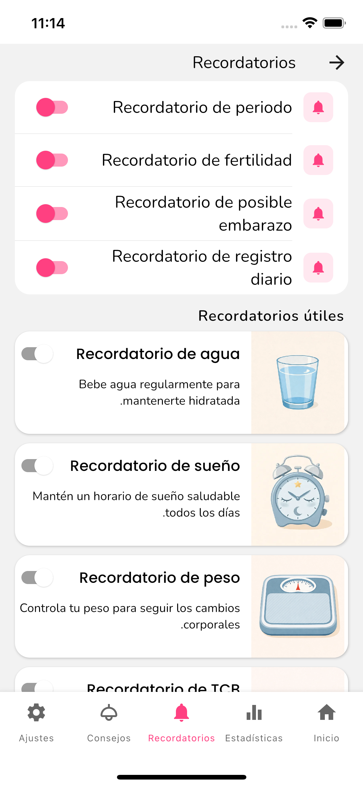 Pantalla de recordatorios de Feminidad