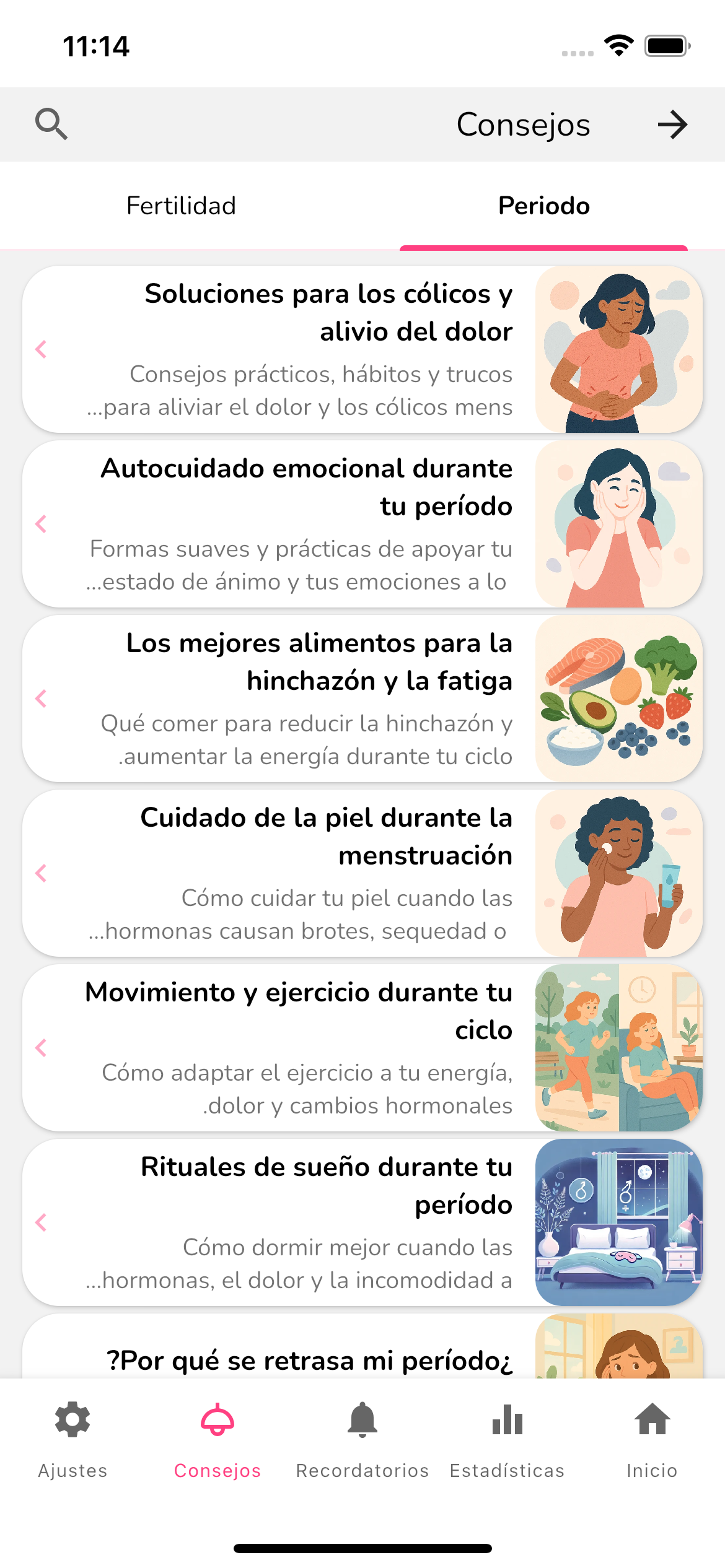 Pantalla de consejos que lista artículos sobre el período y la fertilidad