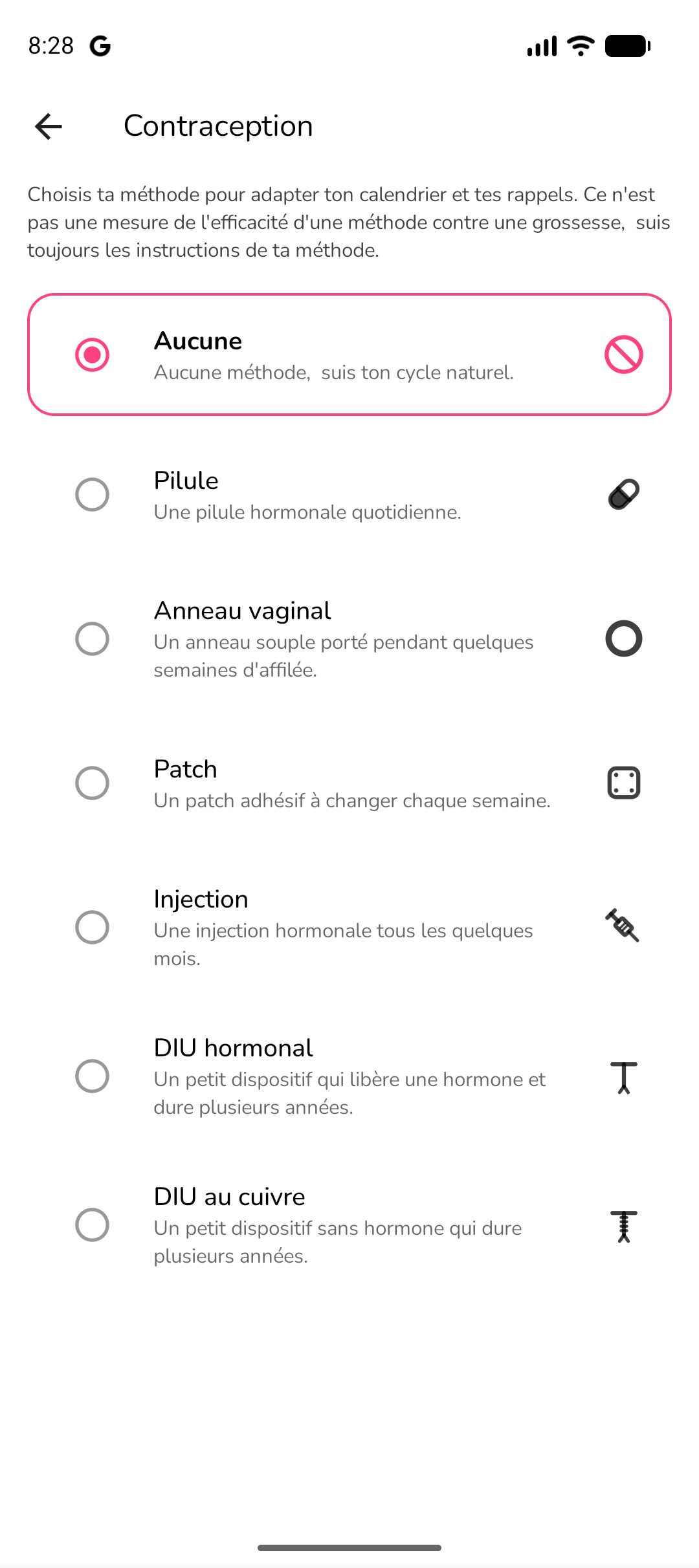 Suivi de contraception affichant le calendrier de pilule et les rappels