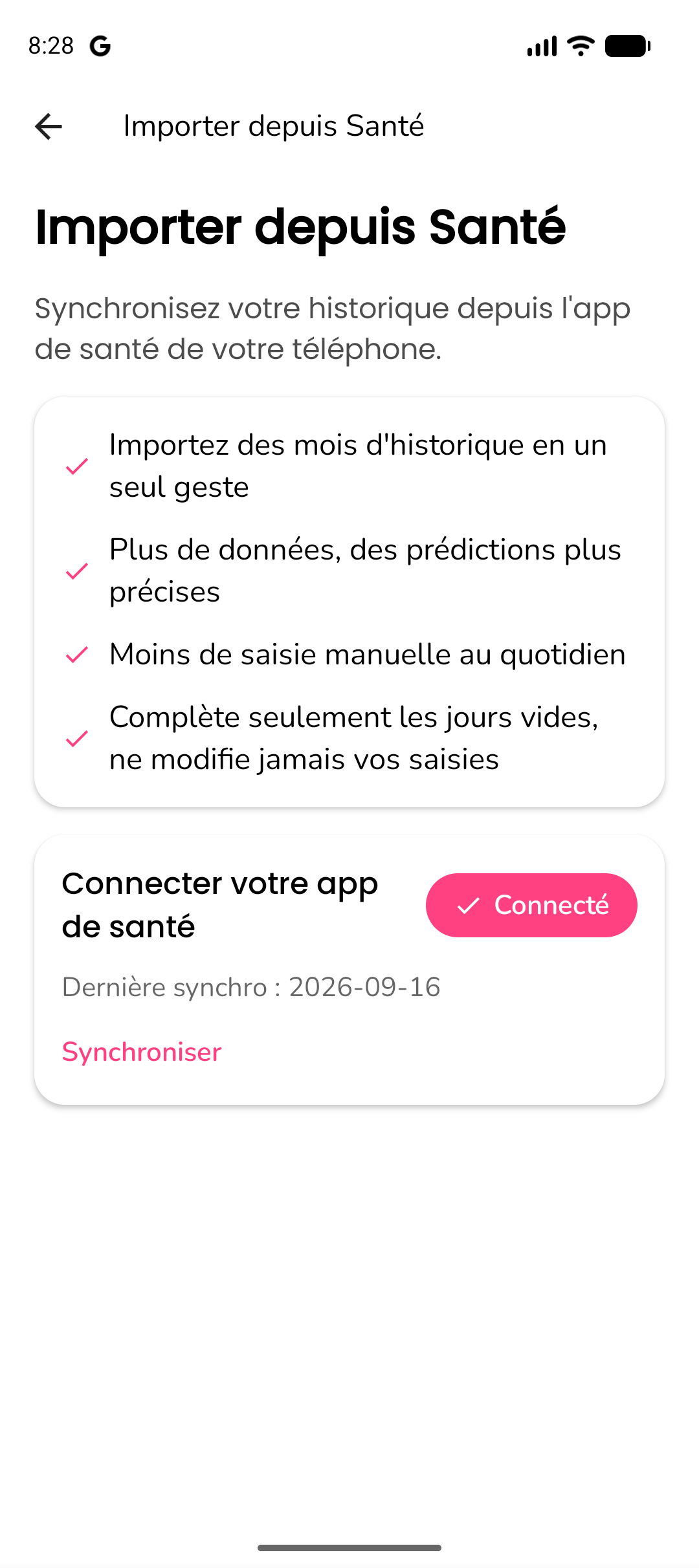Écran d'importation de données de santé affichant la sélection de la source et le résumé des données
