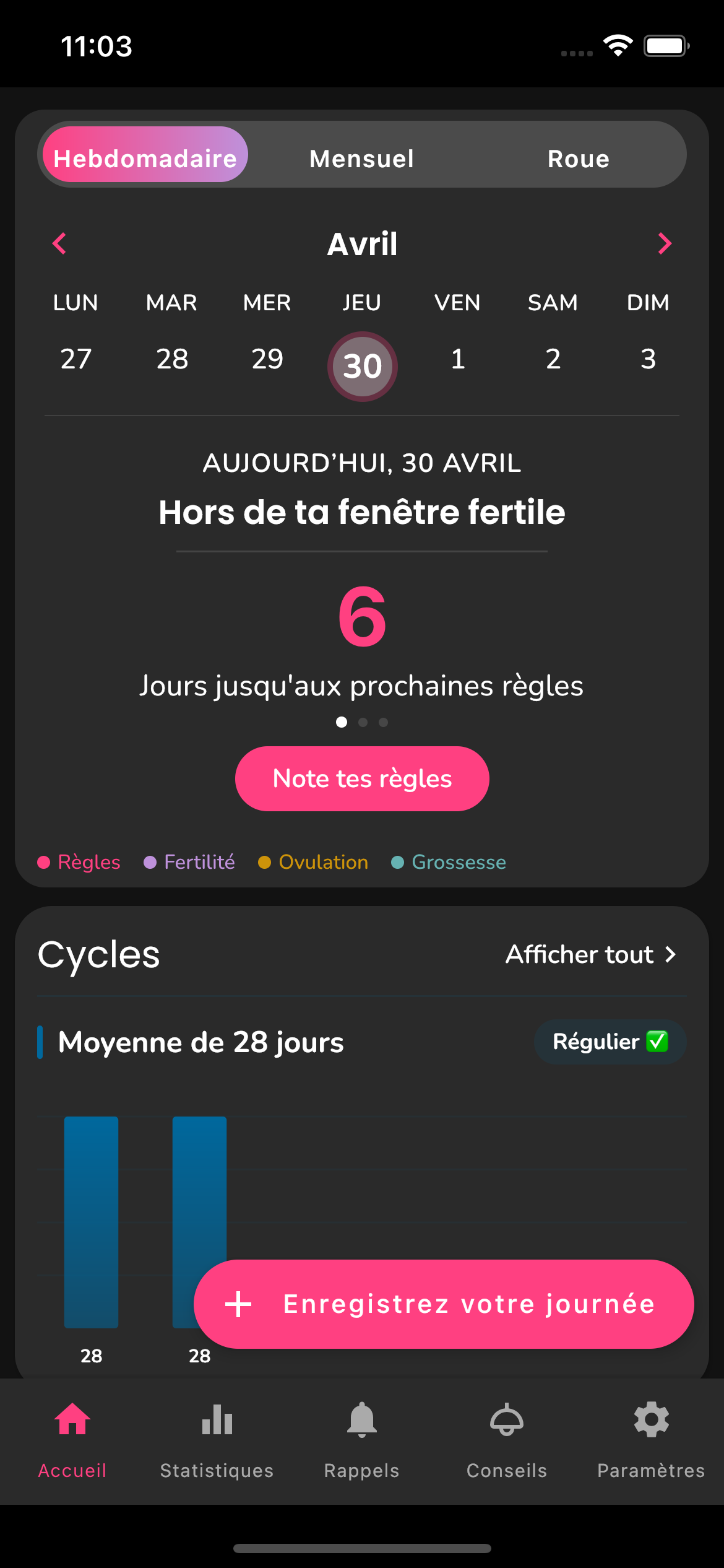 Vue hebdomadaire du cycle dans l'application Féminité