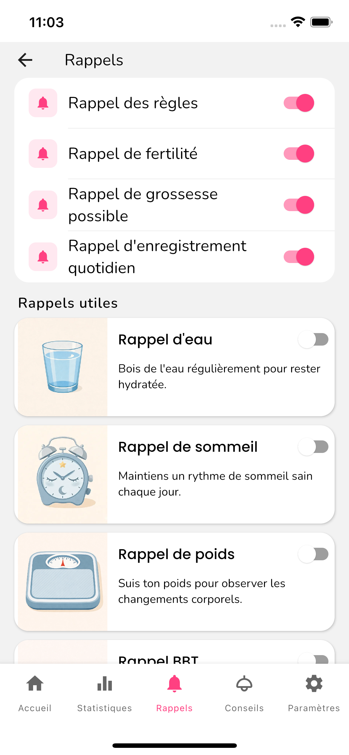 Écran des rappels de Féminité