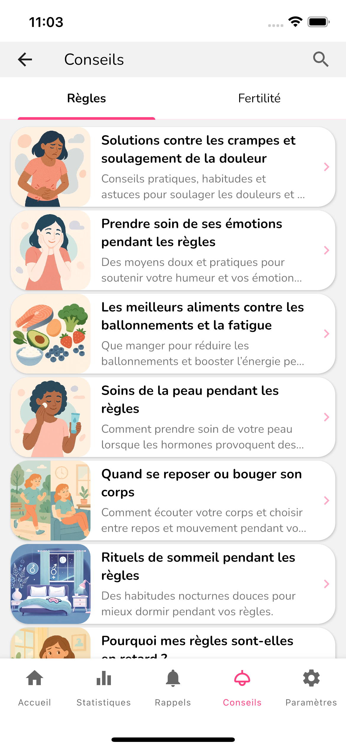 Écran des conseils listant des articles sur les règles et la fertilité
