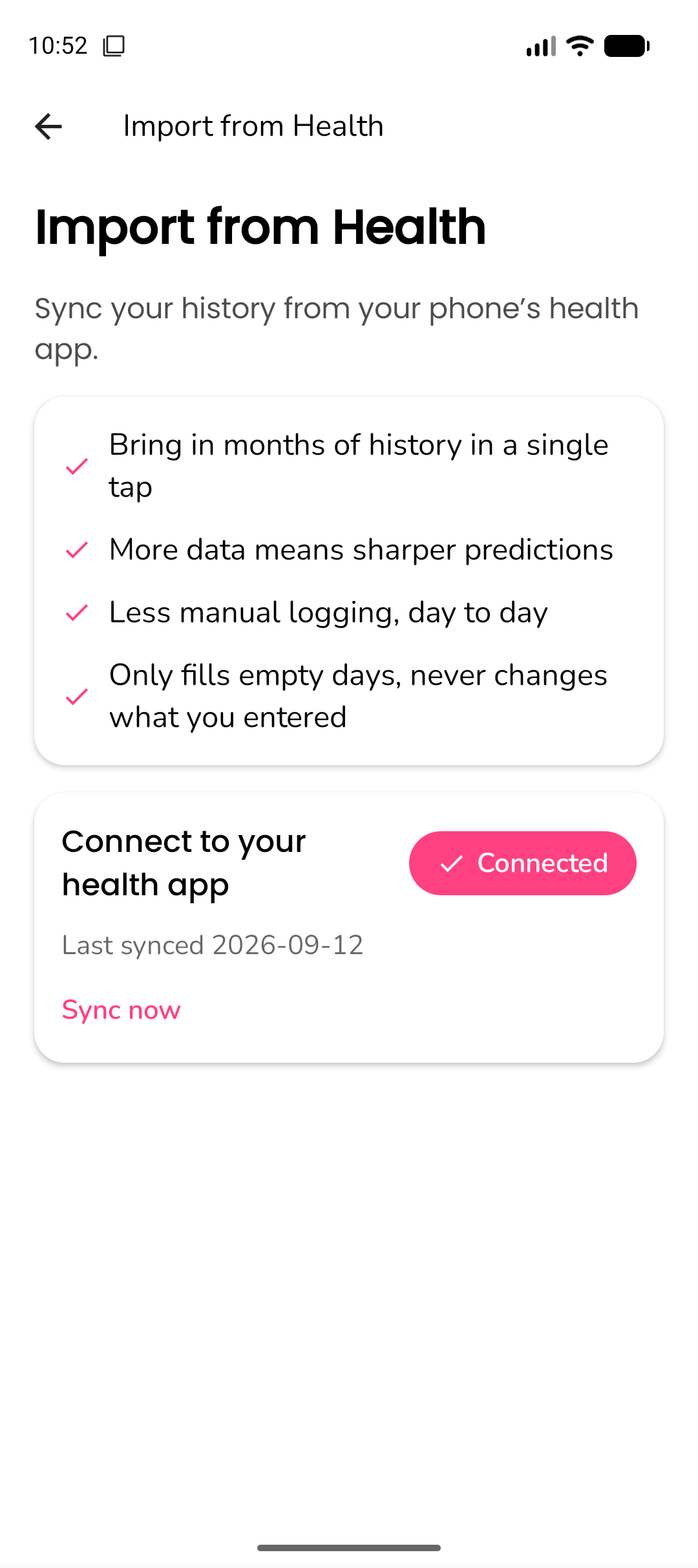 Health import screen showing source selection and data summary