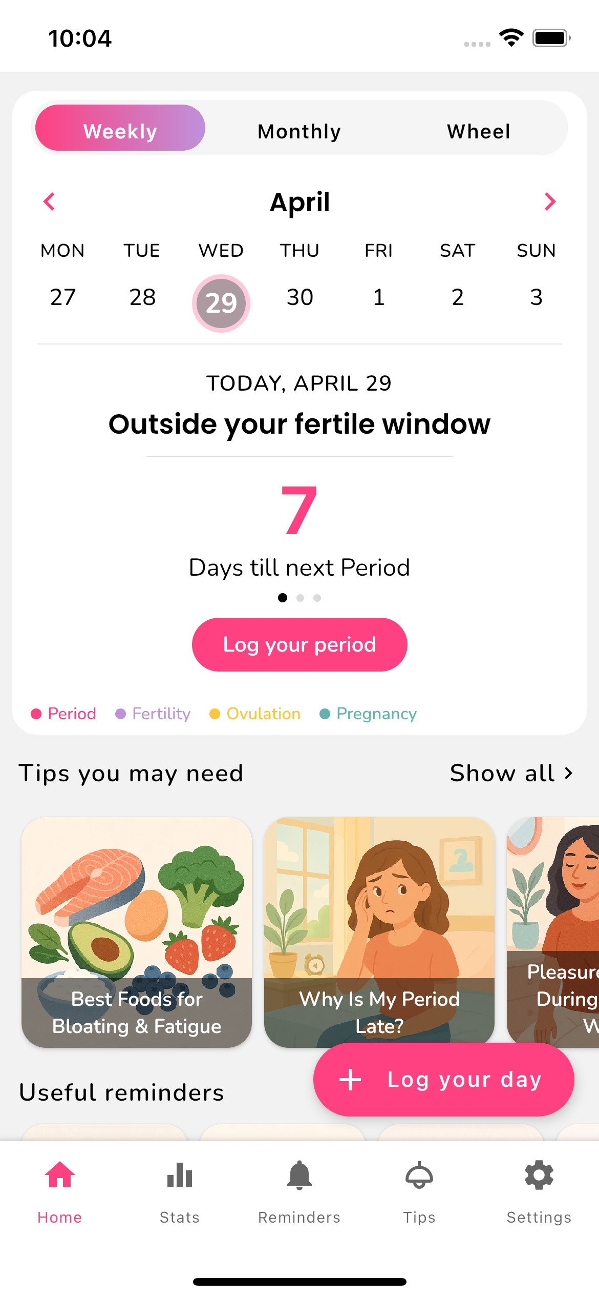 Weekly cycle view in the Femininity app