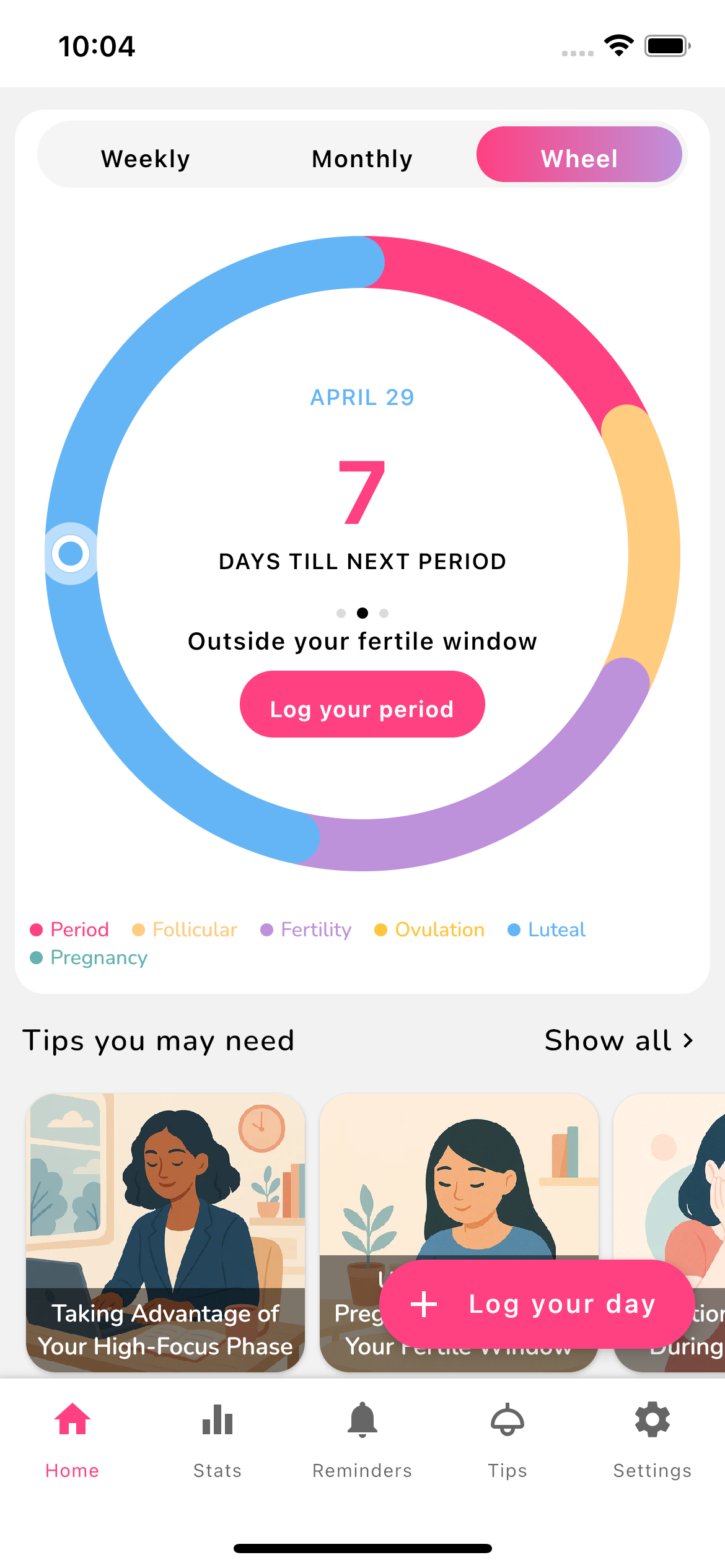 Femininity cycle-wheel home screen showing days until the next period