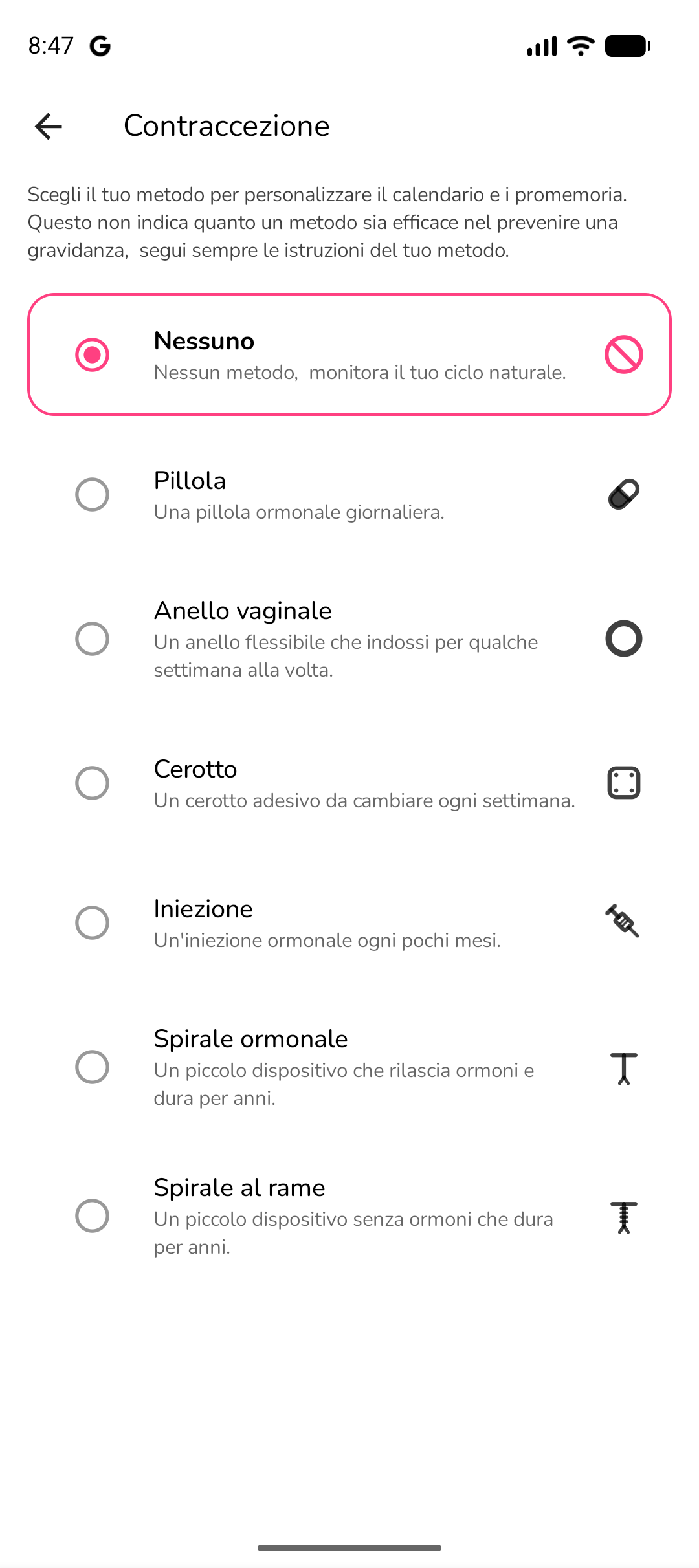 Tracker per la contraccezione che mostra il calendario delle pillole e i promemoria