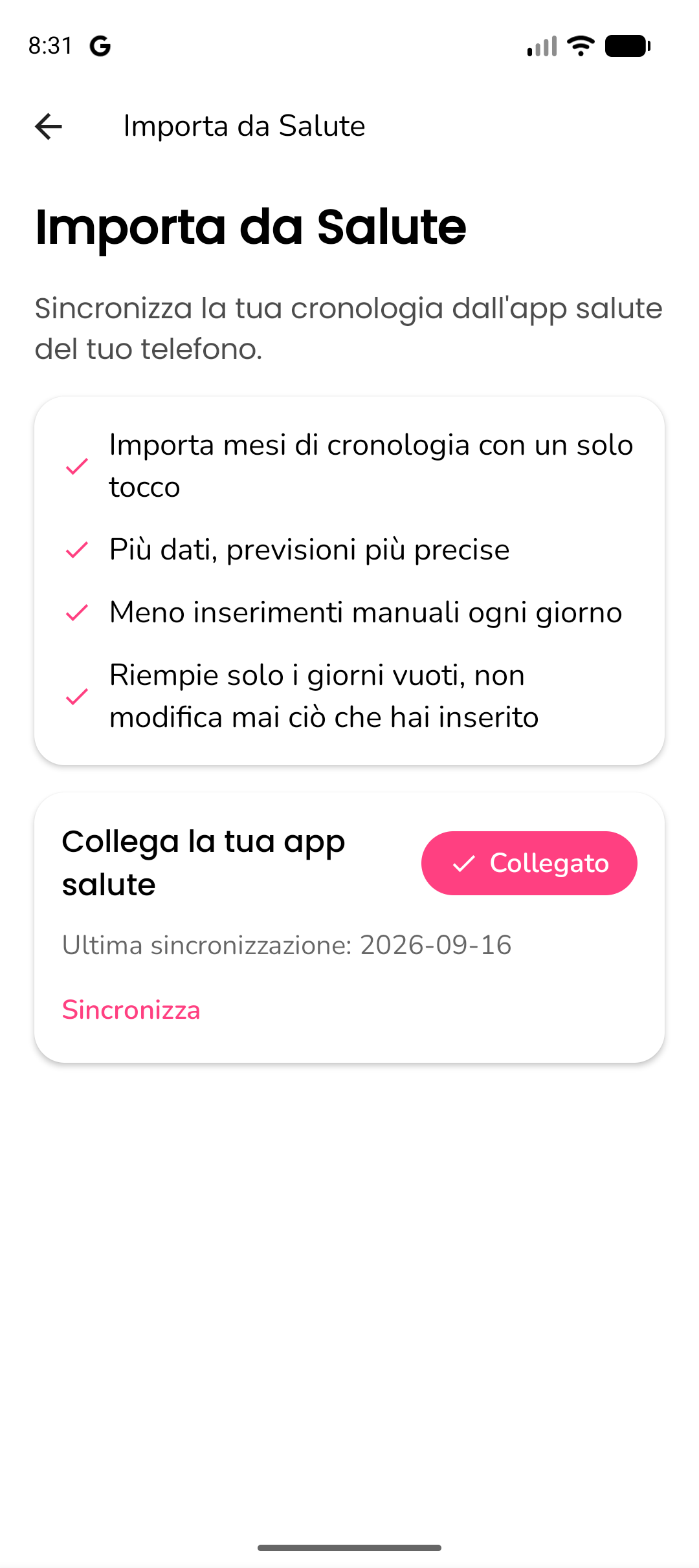 Schermata di importazione dati salute che mostra la selezione della fonte e il riepilogo dei dati