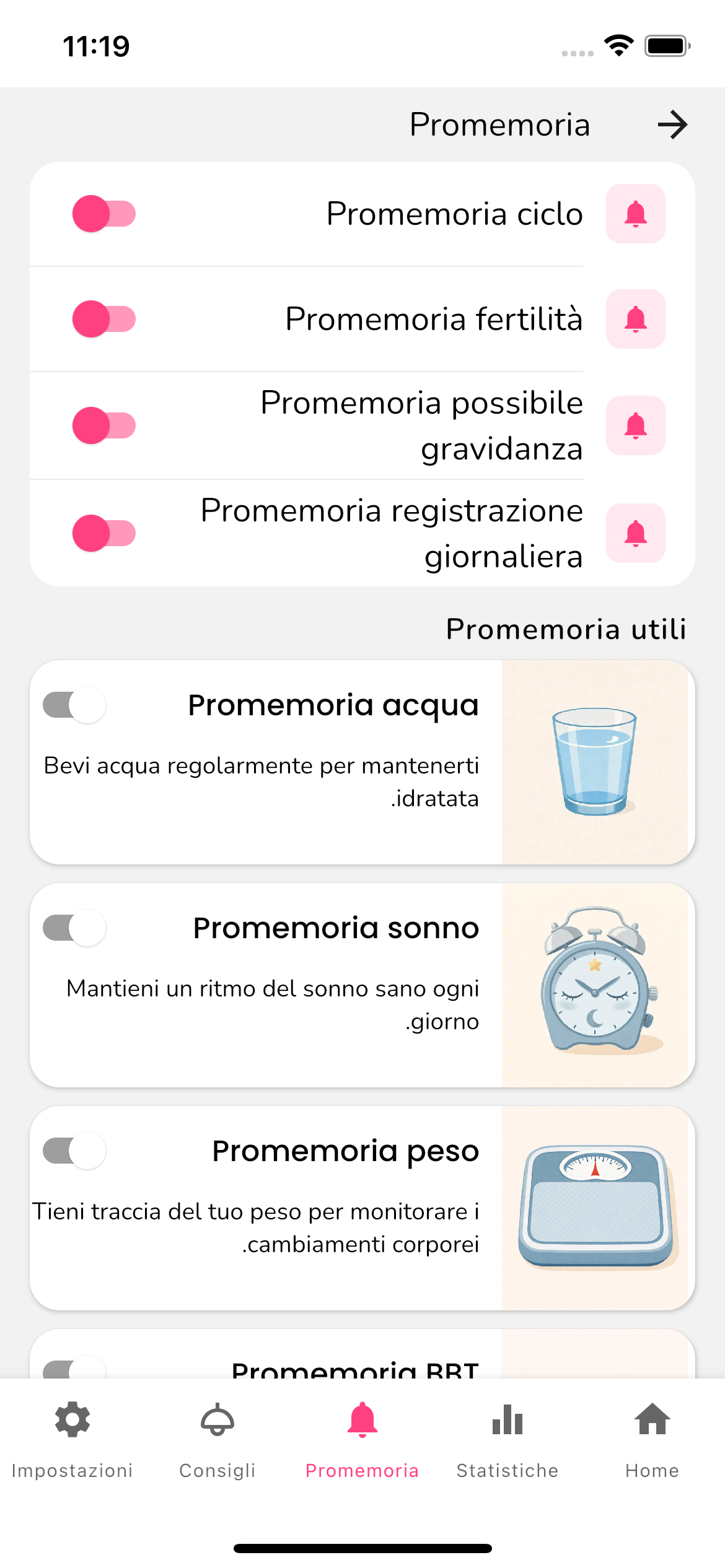 Schermata dei promemoria di Femminilità