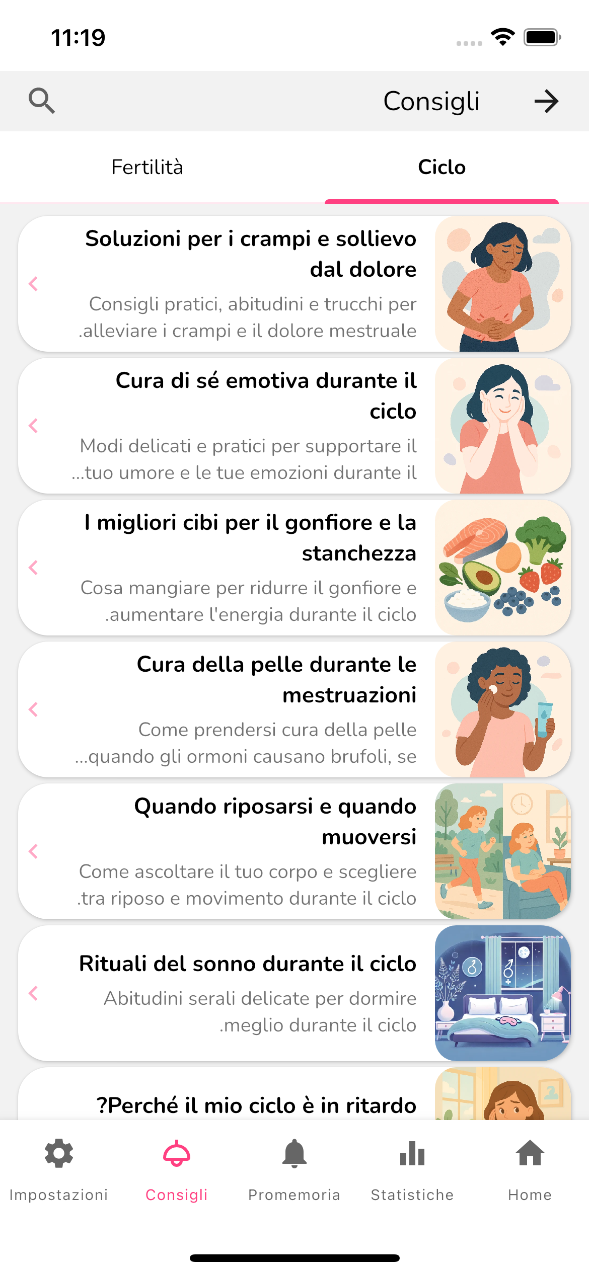 Schermata dei consigli con un elenco di articoli su mestruazioni e fertilità