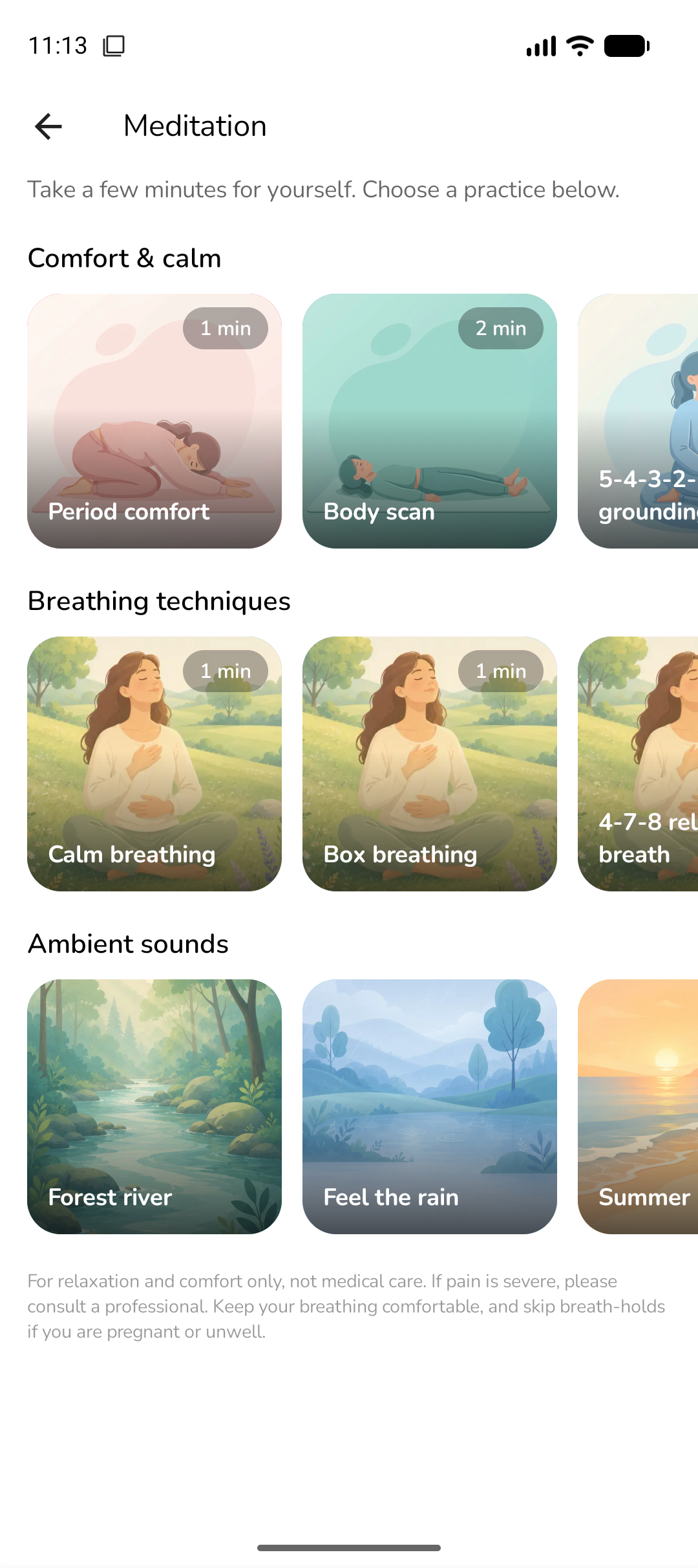 Meditation library showing comfort, breathing and ambient sound categories