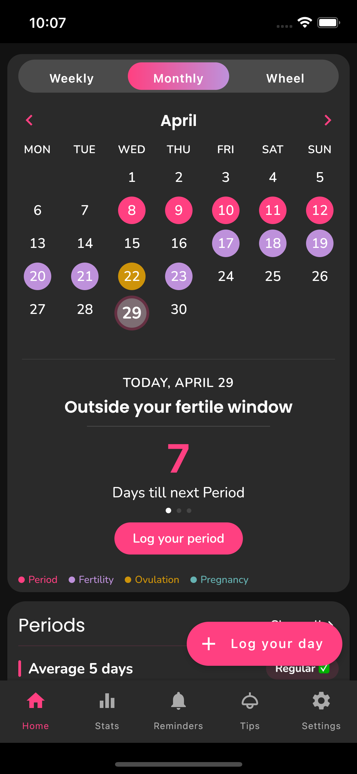 Monthly calendar view in dark theme