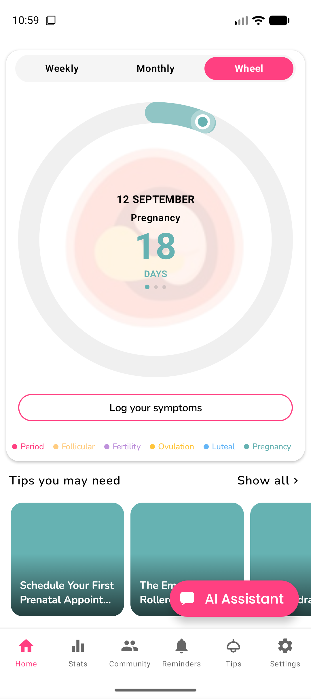 Pregnancy mode showing week count and development milestone