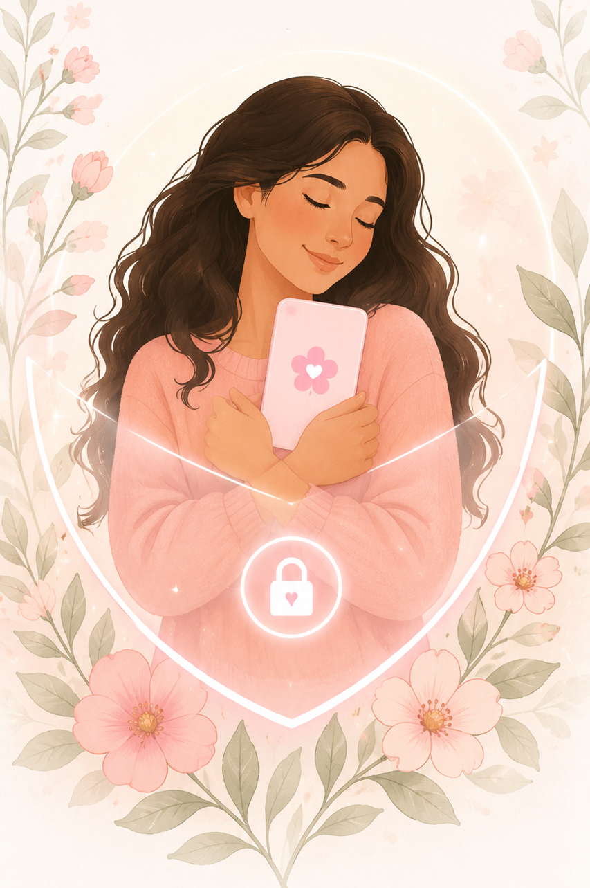 Una donna tiene il telefono stretto a sé, circondata da fiori, con un lucchetto che simboleggia dati sulla salute privati e protetti