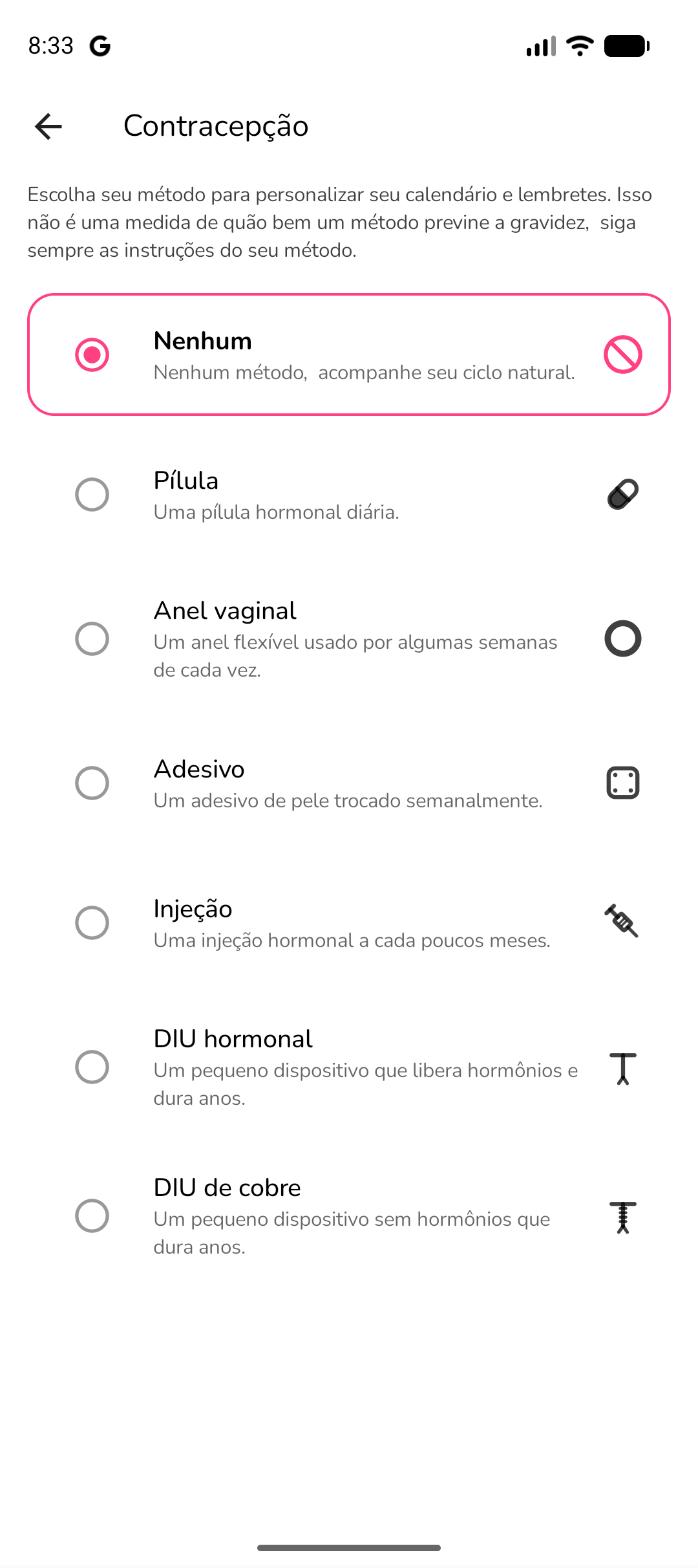 Monitor de contraceção mostrando o calendário de pílulas e os lembretes