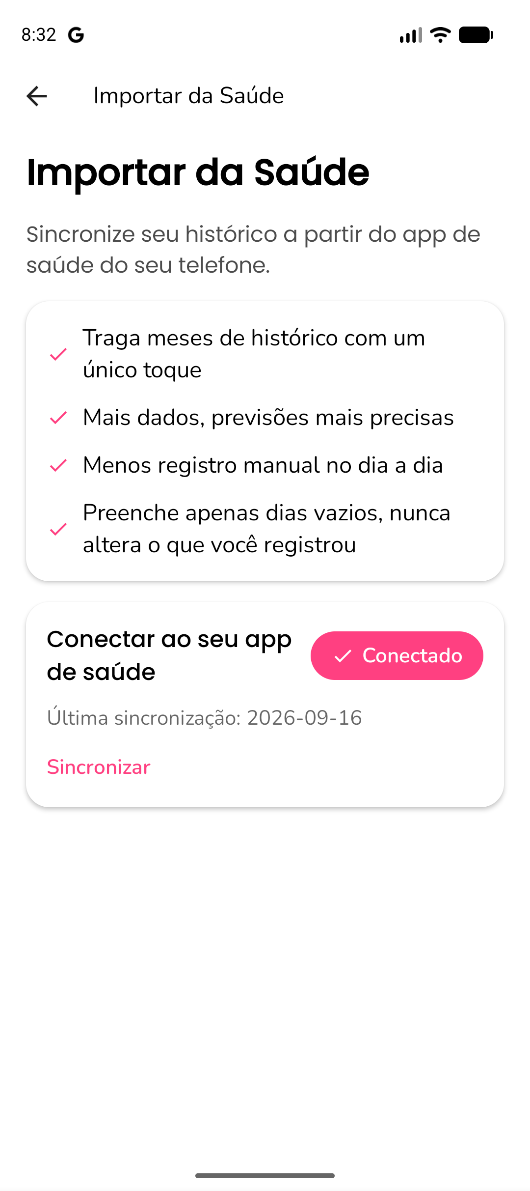 Tela de importação de saúde mostrando a seleção de origem e o resumo dos dados