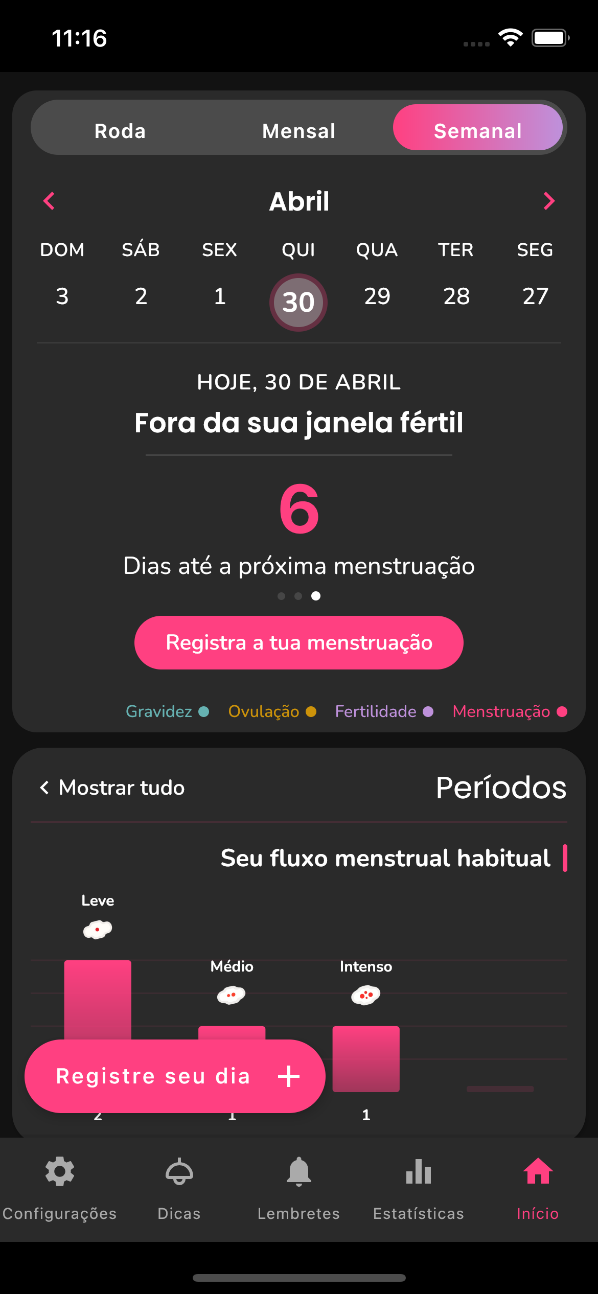 Visão semanal do ciclo no app Feminilidade