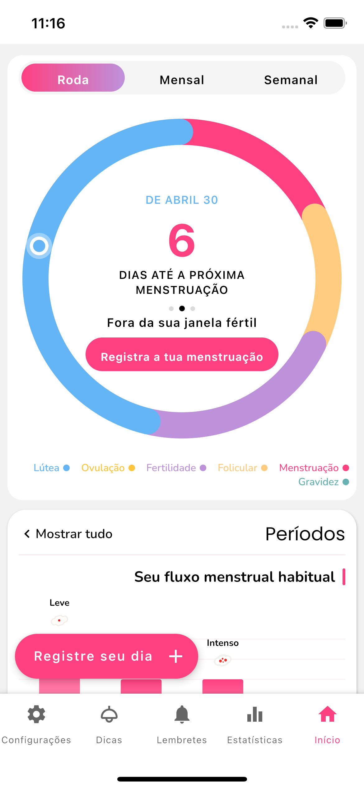 Tela inicial do Feminilidade com a roda do ciclo mostrando os dias até a próxima menstruação