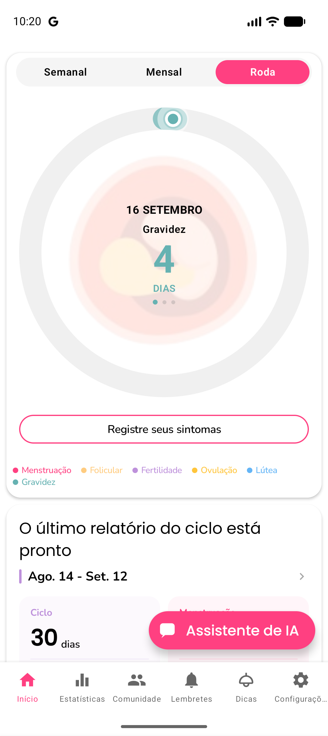Modo gravidez mostrando a contagem de semanas e o marco de desenvolvimento