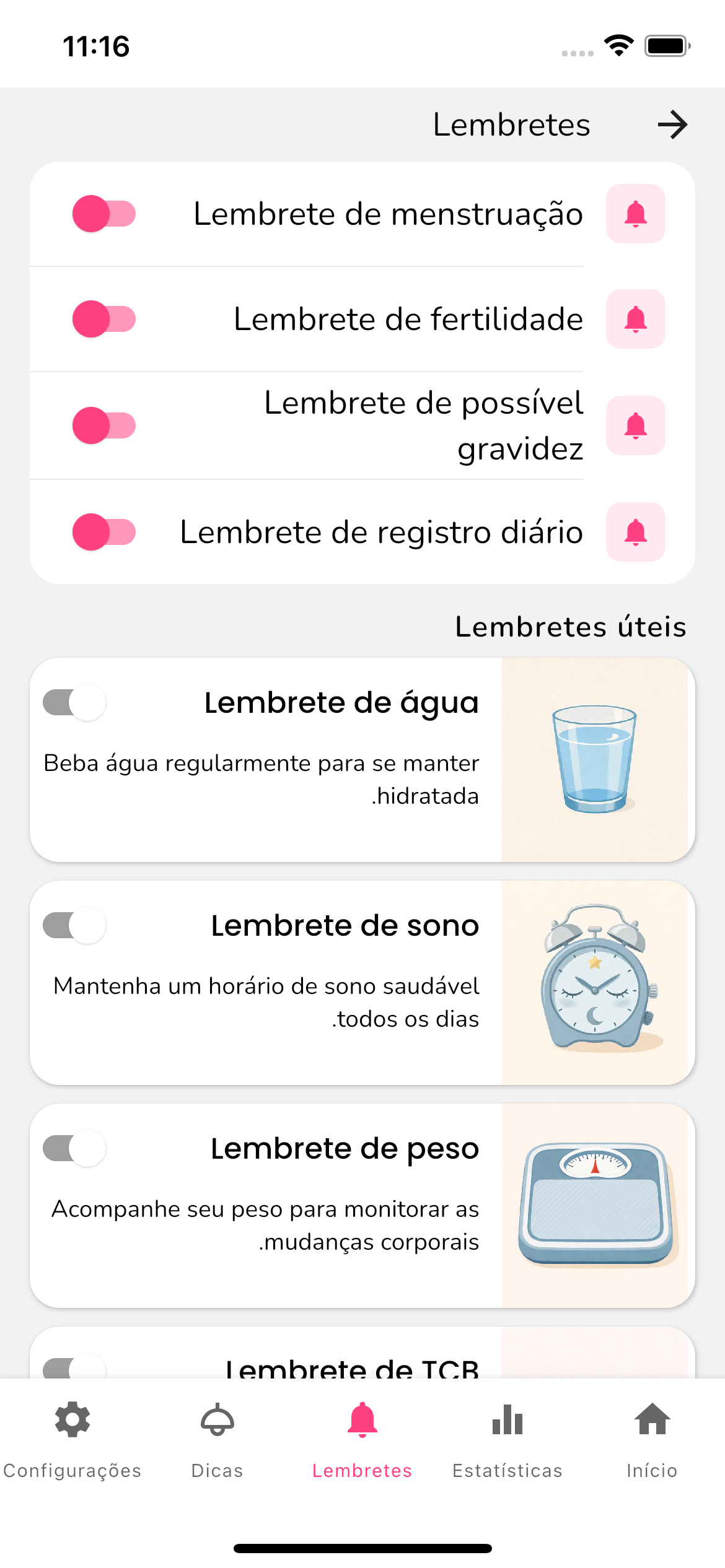Tela de lembretes do Feminilidade