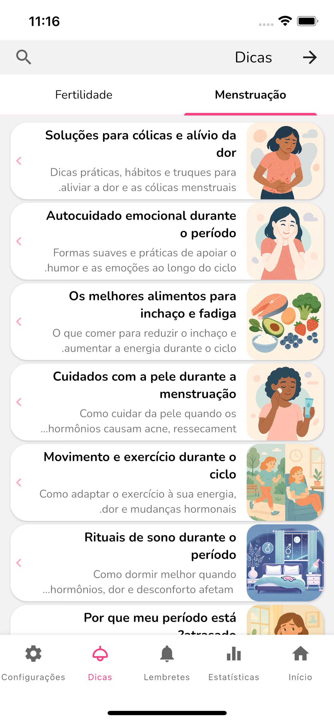 Tela de dicas listando artigos sobre menstruação e fertilidade