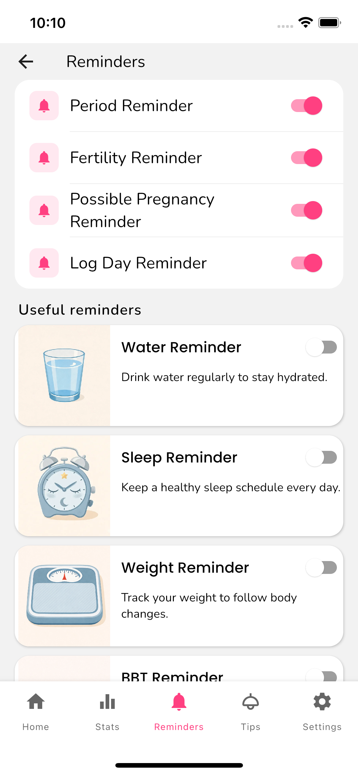 Reminders screen with period, fertility and daily reminder toggles