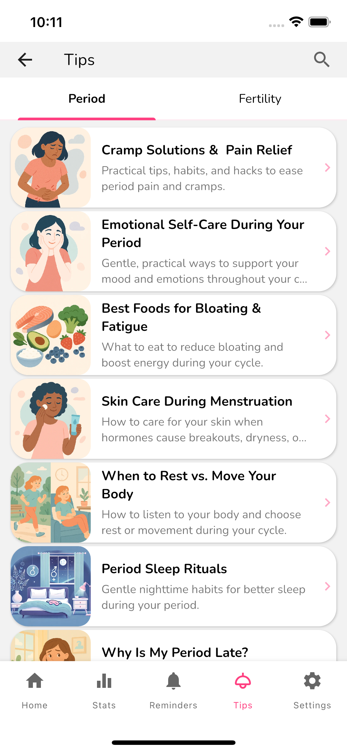 Tips screen listing period and fertility articles