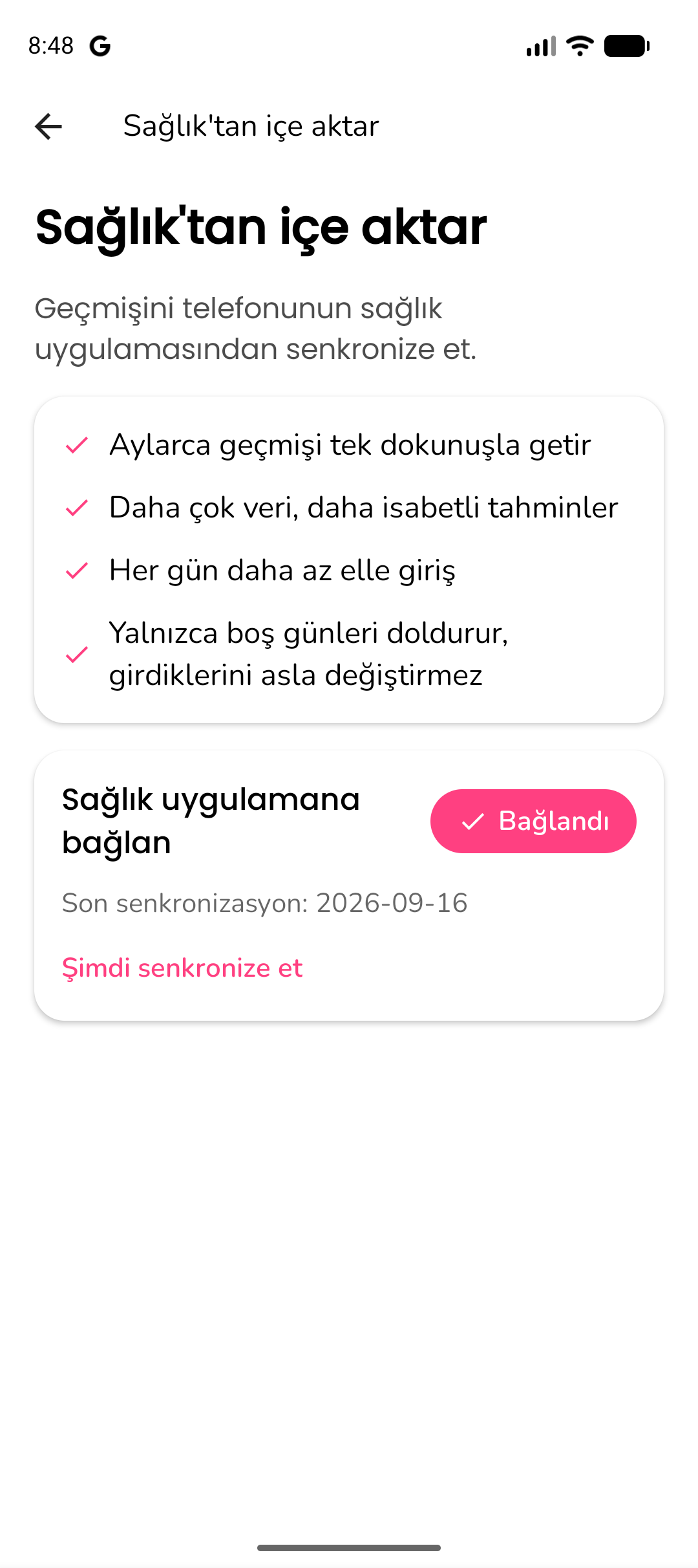 Kaynak seçimini ve veri özetini gösteren sağlık içe aktarım ekranı