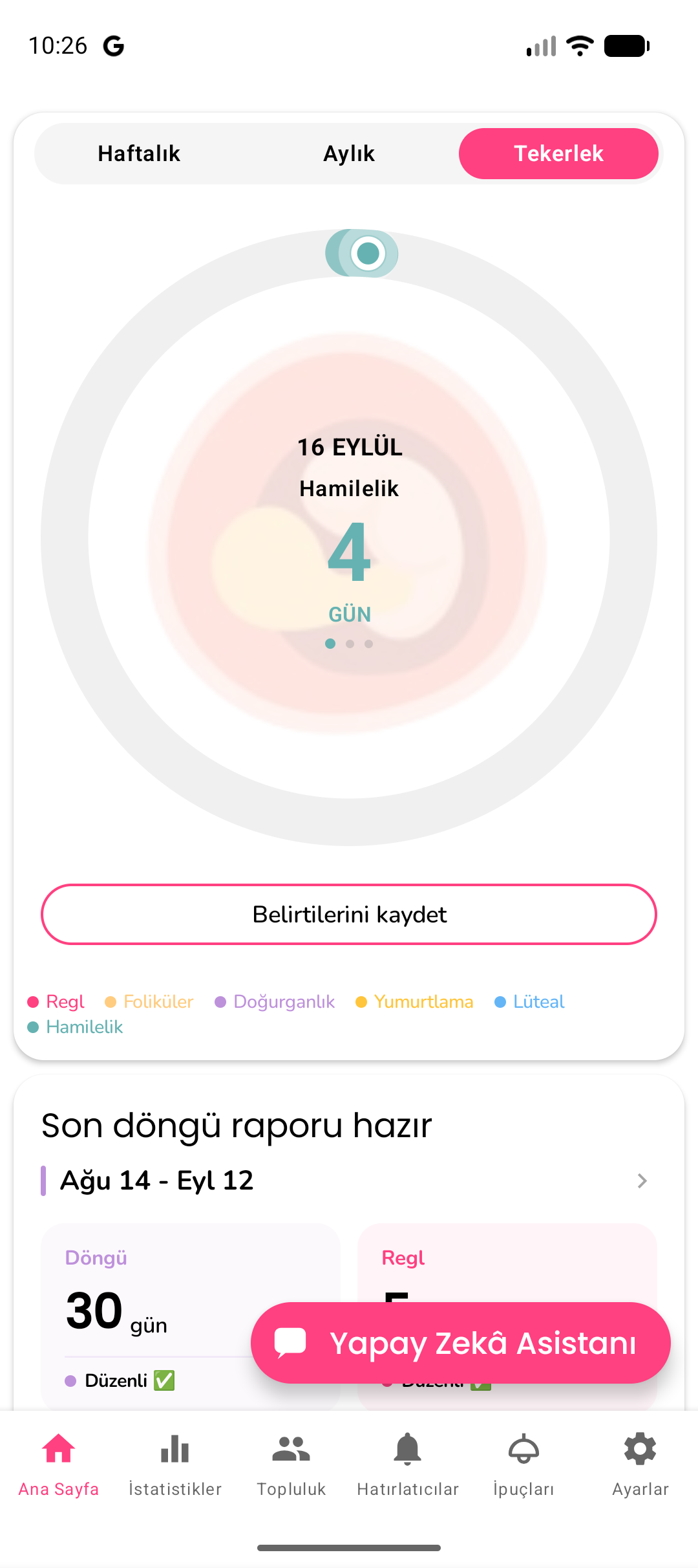 Hafta sayısını ve gelişim dönüm noktasını gösteren gebelik modu