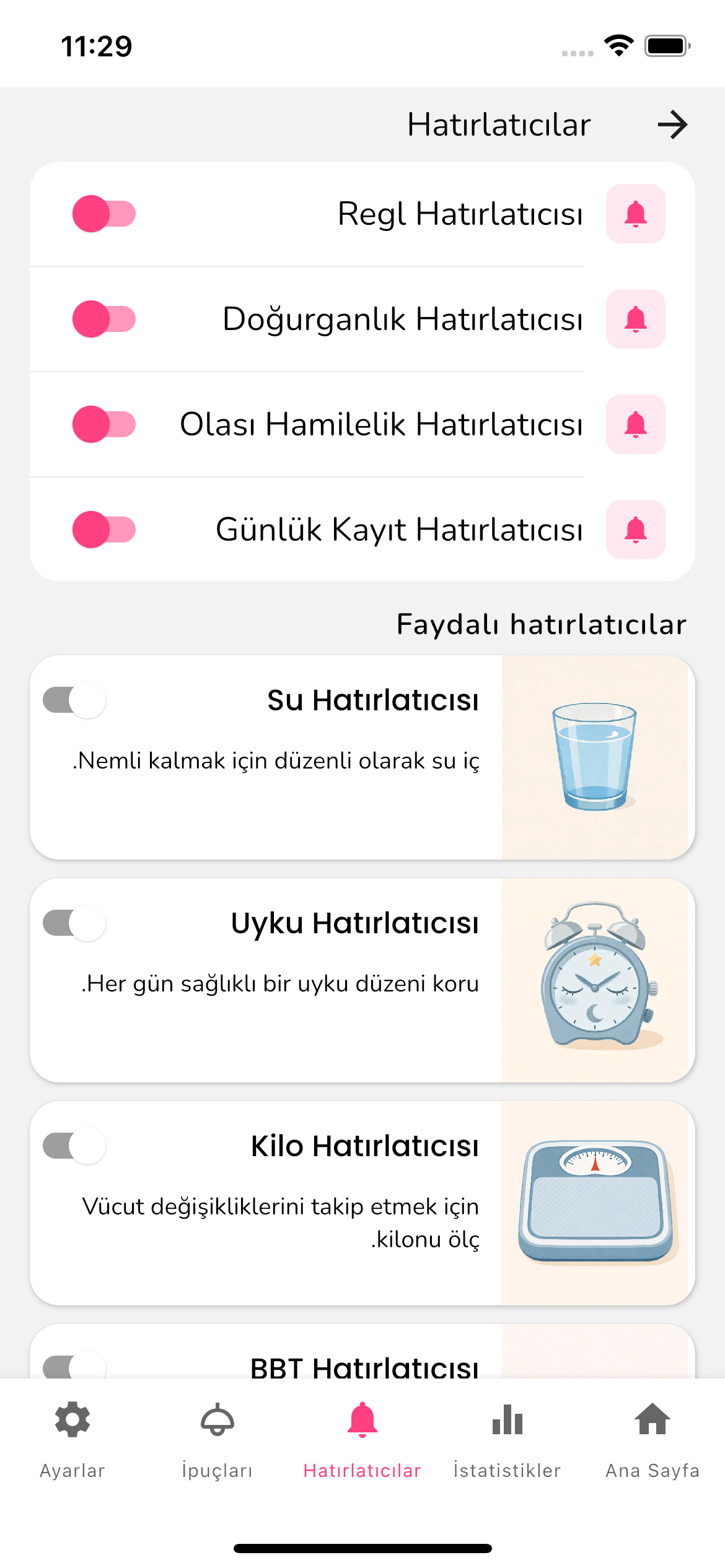Femininite hatırlatıcılar ekranı