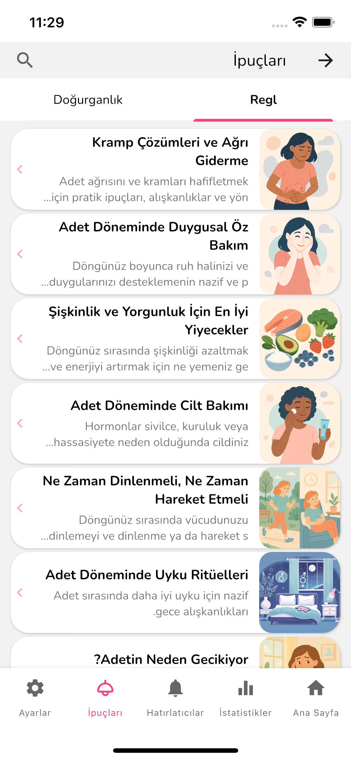 Regl ve doğurganlık yazılarını listeleyen ipuçları ekranı